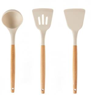 KPTON 3 Silicon Spatula for Kitchen | Non-Stick | Cooking Spatulas with Wooden Handle Kitchen Tool Set (Cream, Spatula)