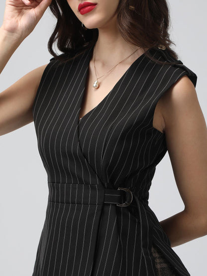 SHOWOFF Women Striped Sleeveless Belted Blazer