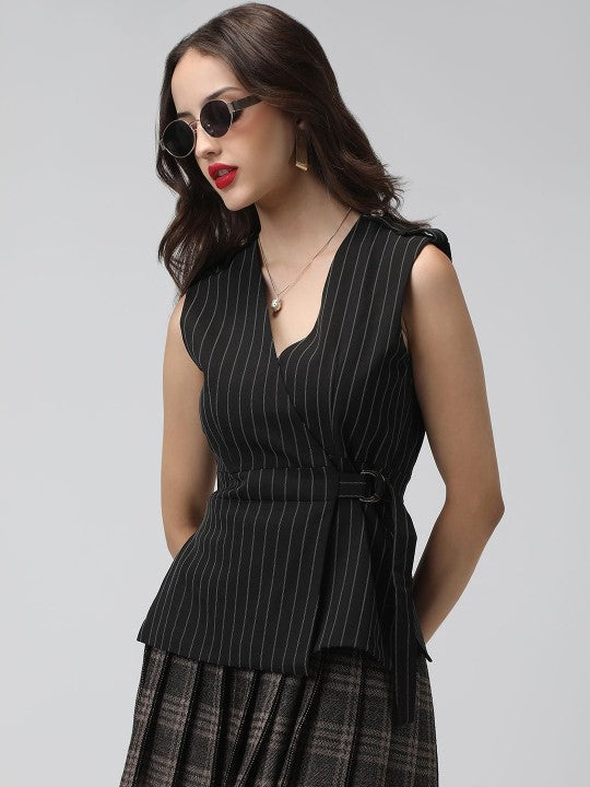 SHOWOFF Women Striped Sleeveless Belted Blazer