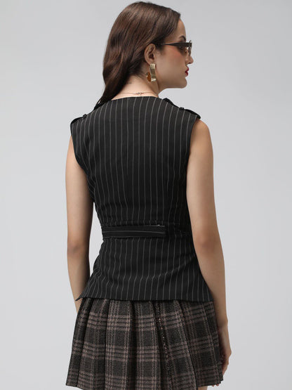 SHOWOFF Women Striped Sleeveless Belted Blazer