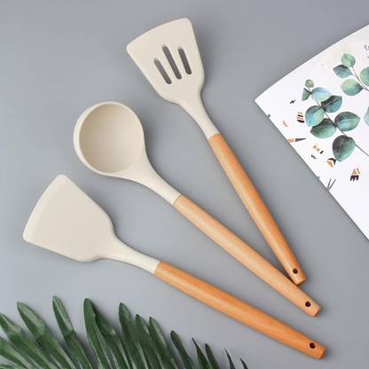 KPTON 3 Silicon Spatula for Kitchen | Non-Stick | Cooking Spatulas with Wooden Handle Kitchen Tool Set  (Cream, Spatula)