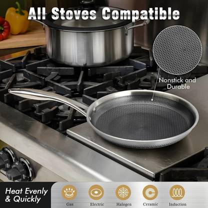 Harvic Stainless Steel Honeycomb Frying Pan Non-Stick Pan Fry Pan 24 cm diameter 2 L capacity  (Stainless Steel, Non-stick, Induction Bottom)